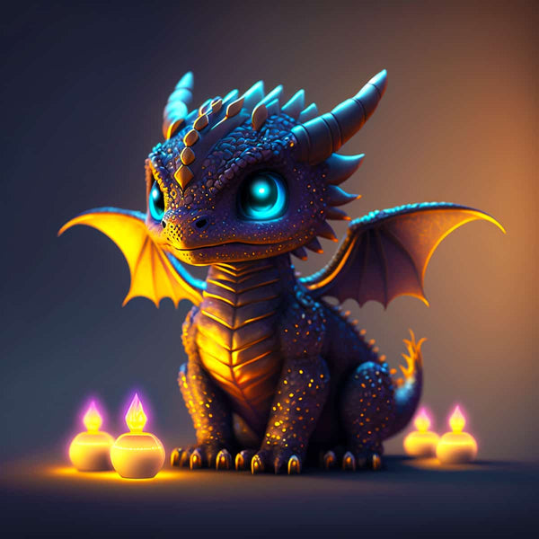 Cute baby dragon with glowing blue eyes surrounded by candles in a dreamy scene