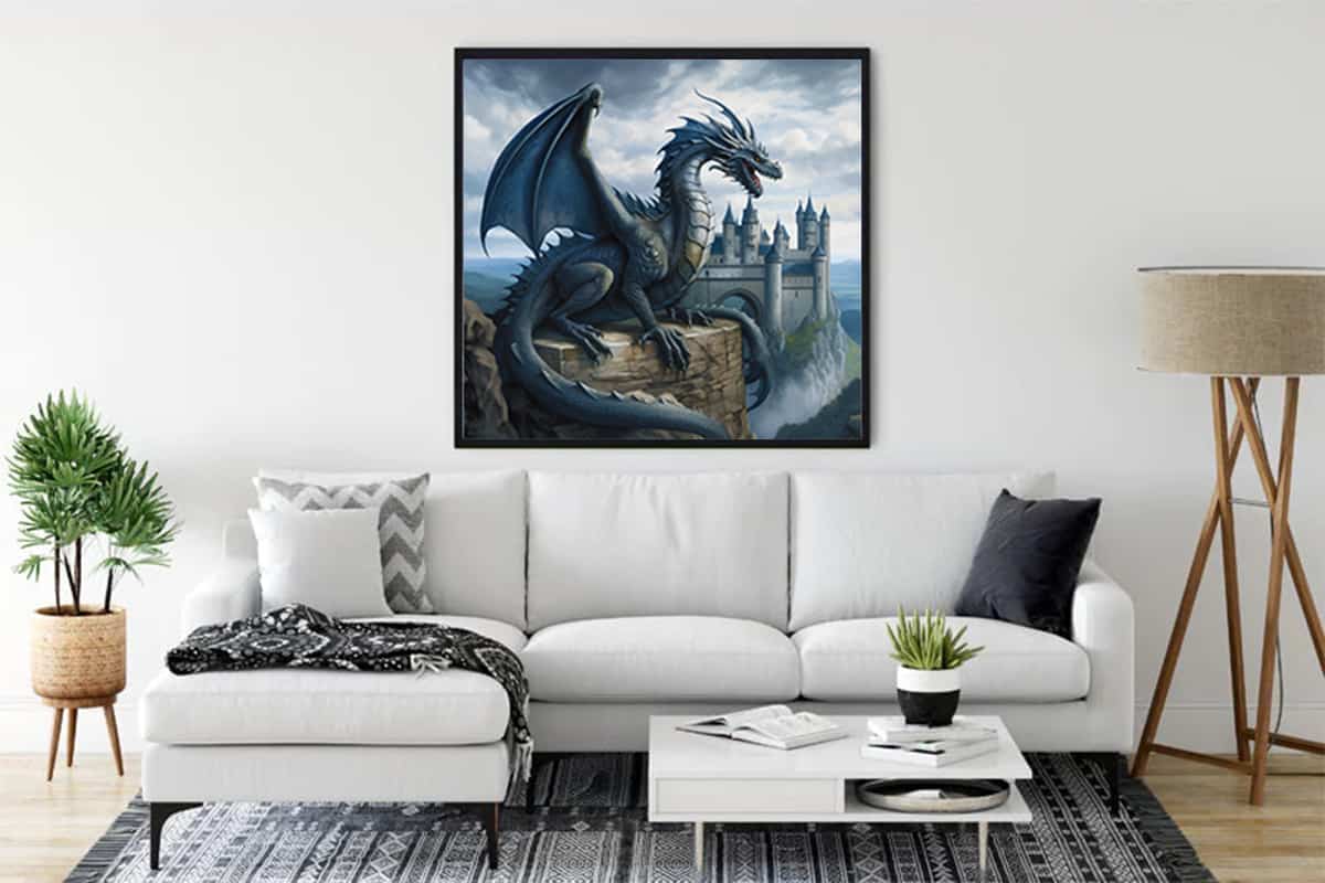 Painting of a dragon with wings titled "Flügel der Nacht" displayed above a white sofa in a modern living room.