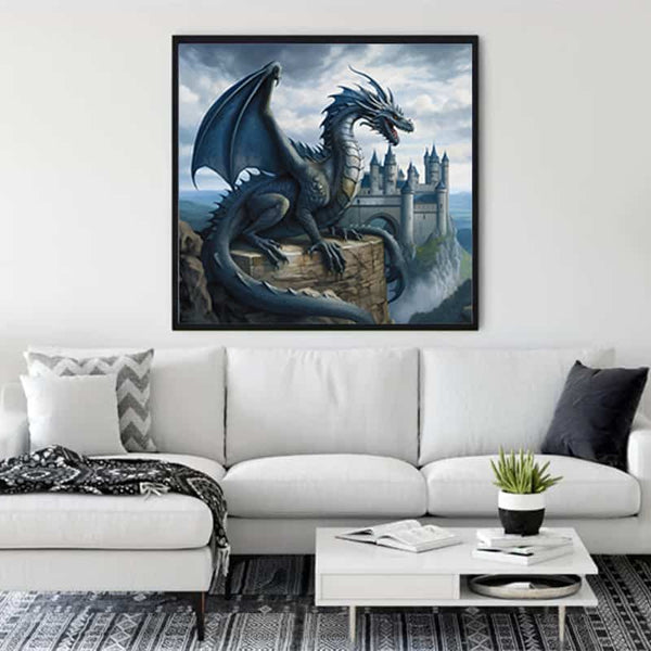 Painting of a dragon with wings titled "Flügel der Nacht" displayed above a white sofa in a modern living room.