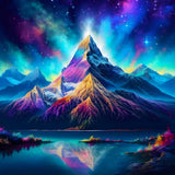 Majestic mountain under vibrant northern lights in an AB diamond painting kit, featuring a sparkling canvas with acrylic diamonds.