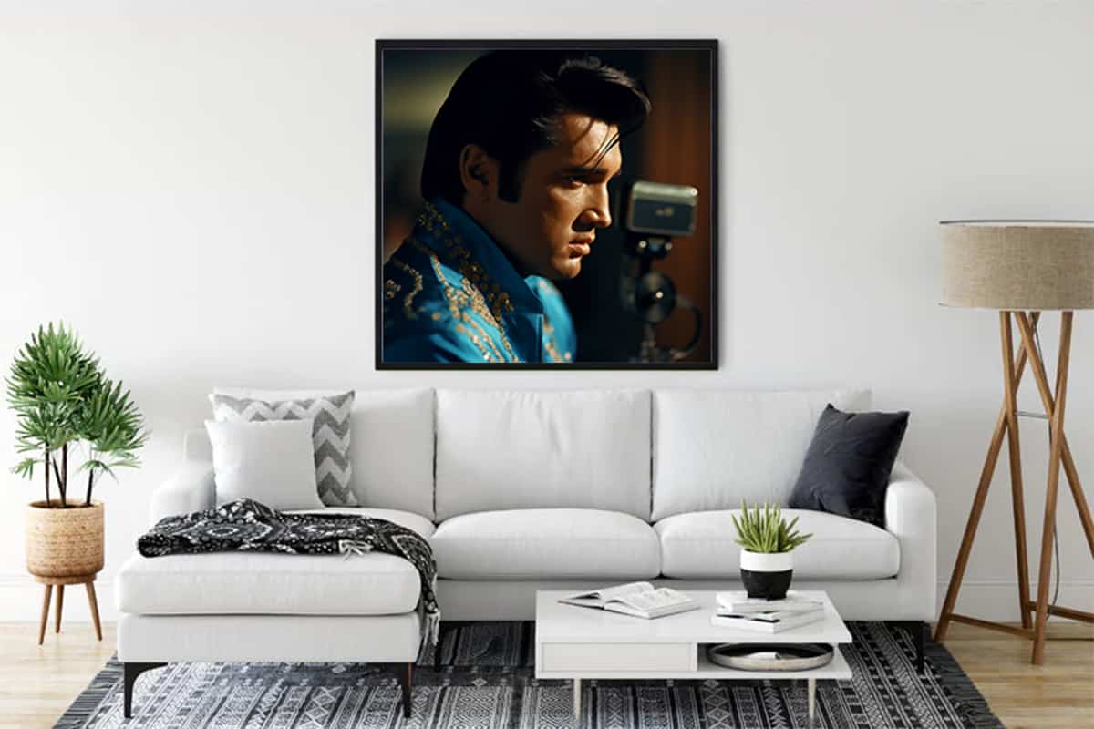 "Malen nach Zahlen - Elvis Profil Wandbild in modernem Wohnzimmer"