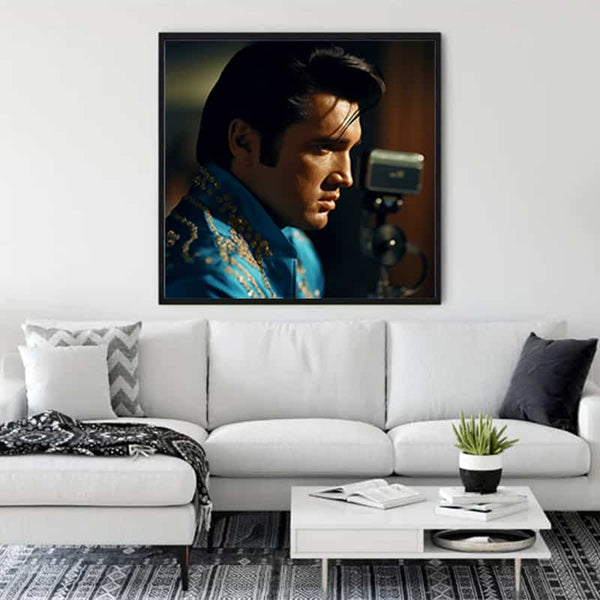 "Malen nach Zahlen - Elvis Profil Wandbild in modernem Wohnzimmer"