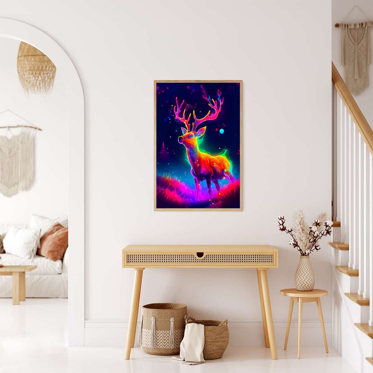 Neon deer artwork in elegant living room with minimalist decor