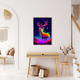 Neon deer artwork in elegant living room with minimalist decor