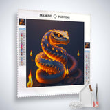 Diamond Painting Kit - Schlange Orange with acrylic diamonds, artist tweezers, and professional setting pen.