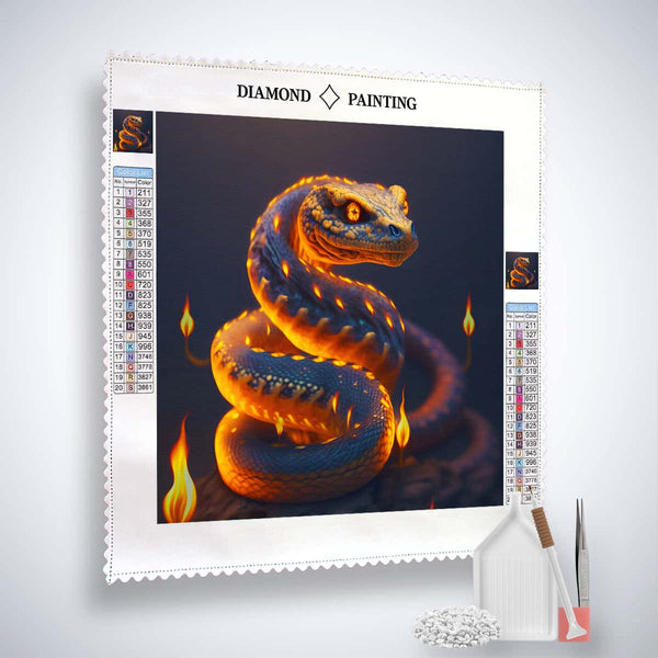 Diamond Painting Kit - Schlange Orange with acrylic diamonds, artist tweezers, and professional setting pen.