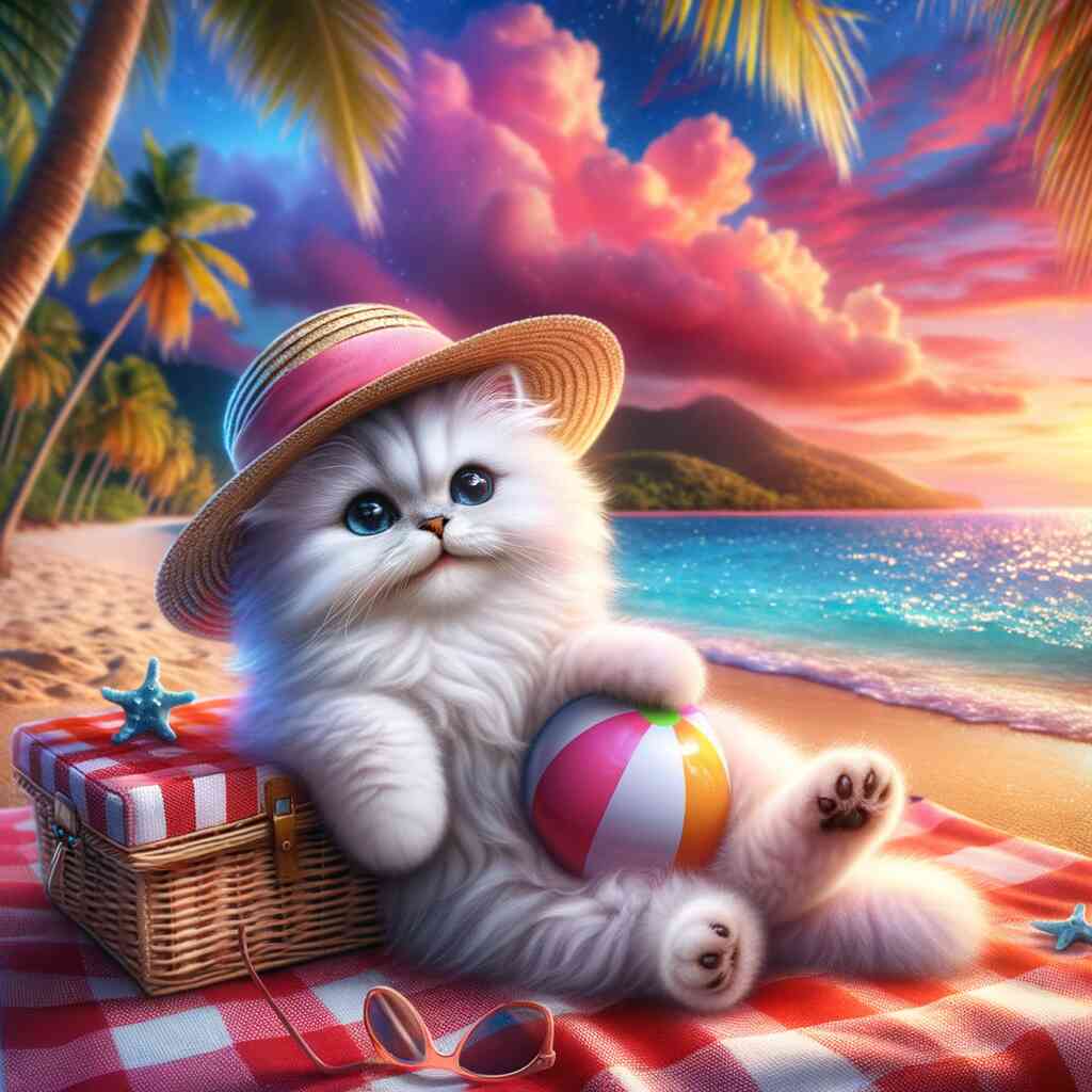 Flauschiges Kätzchen mit Strohhut und Strandball bei Sonnenuntergang am Strand, umgeben von Palmen und azurblauem Wasser.