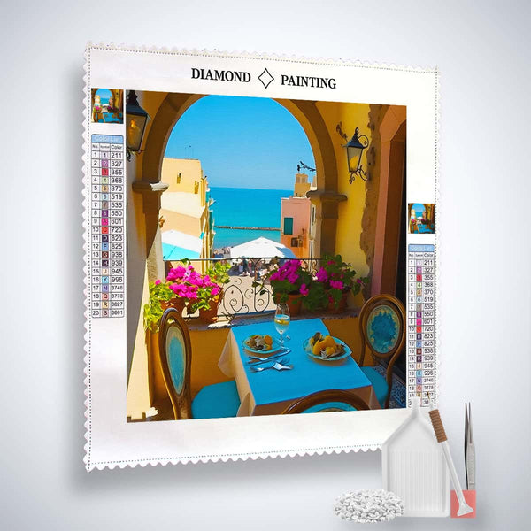 Diamond Painting Kit - Cozy Breakfast by the Sea with Ocean View and Floral Balcony