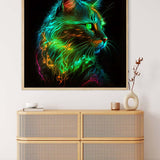 Malen nach Zahlen Katze Neon Grün Wandkunst über Sideboard in modernem Wohnzimmer.