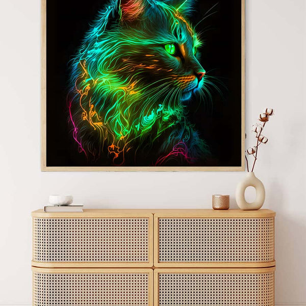 Malen nach Zahlen Katze Neon Grün Wandkunst über Sideboard in modernem Wohnzimmer.