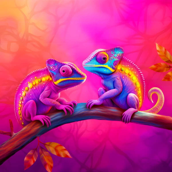 Vibrant diamond painting of two colorful chameleons on a branch with pink and orange background from AB Diamond Painting - Chamäleon Liebe.
