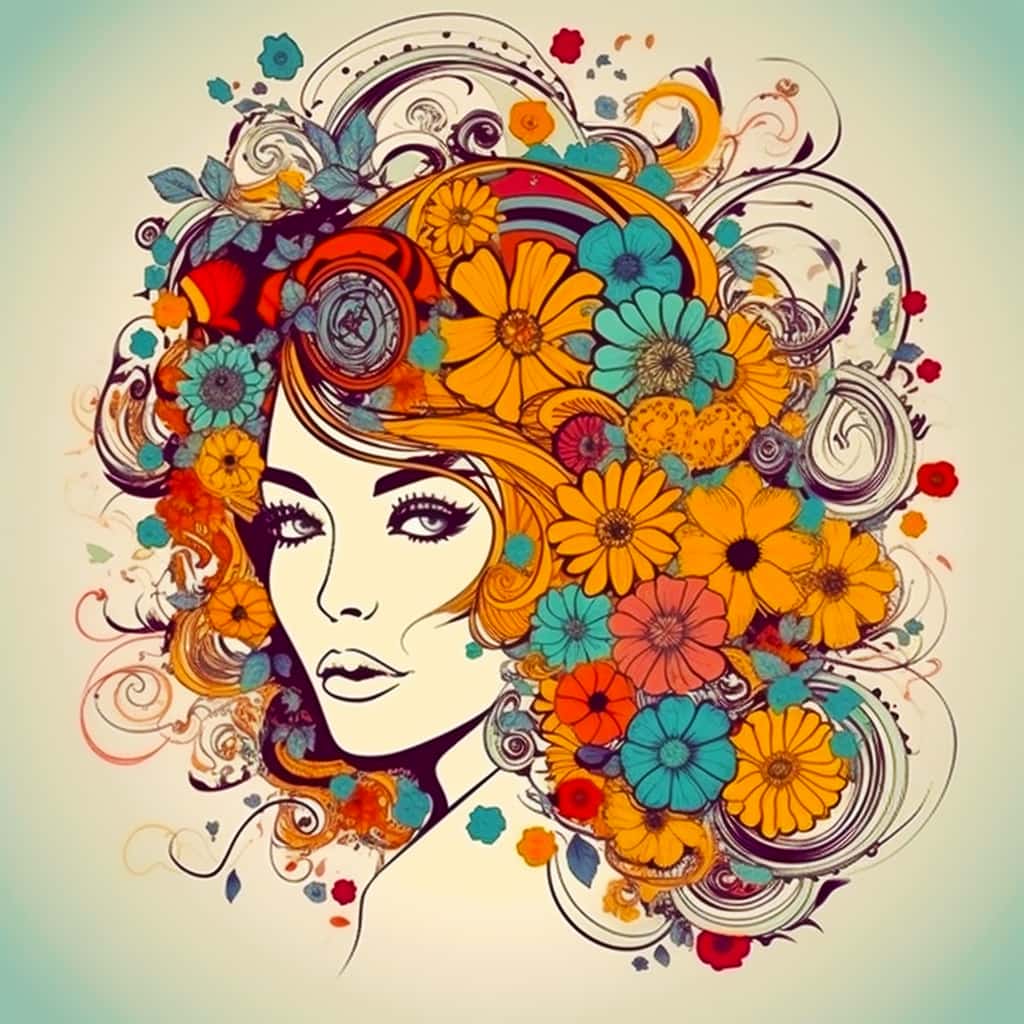 Diamond Painting Kit featuring a woman with a vibrant floral hairstyle, created using sparkling acrylic diamonds.