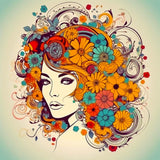 Diamond Painting Kit featuring a woman with a vibrant floral hairstyle, created using sparkling acrylic diamonds.