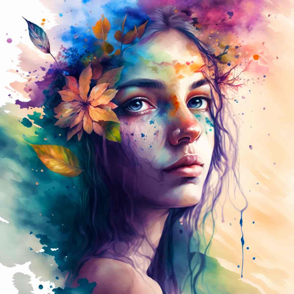 Artistic portrait of a woman with colorful paint splashes and flowers in her hair, representing Diamond Painting - Stolze Schönheit.