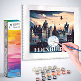 Paint by numbers kit for Edinburgh skyline, box with colorful design, painting in progress, and paint pots displayed.