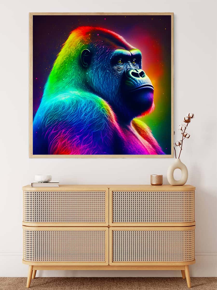 Neon gorilla wall art above a modern wooden cabinet, showcasing vivid colors and highlighting the relaxing effect of painting by numbers.