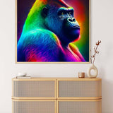 Neon gorilla wall art above a modern wooden cabinet, showcasing vivid colors and highlighting the relaxing effect of painting by numbers.