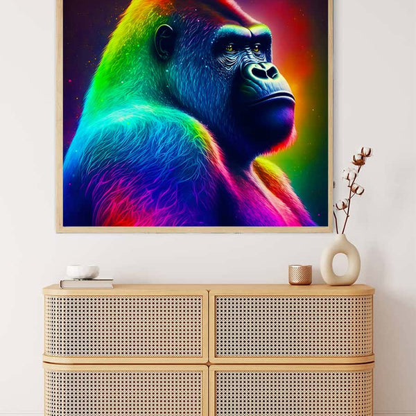 Neon gorilla wall art above a modern wooden cabinet, showcasing vivid colors and highlighting the relaxing effect of painting by numbers.