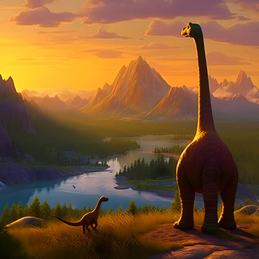 Painting by numbers - Dinosaur standing before a picturesque natural landscape, showcasing majestic mountains, a serene lake, and a glowing sunset.