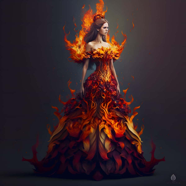 "Diamond Painting Kit featuring a woman in a fiery dress, engulfed in vibrant flames, perfect for creating stunning and sparkling artwork"
