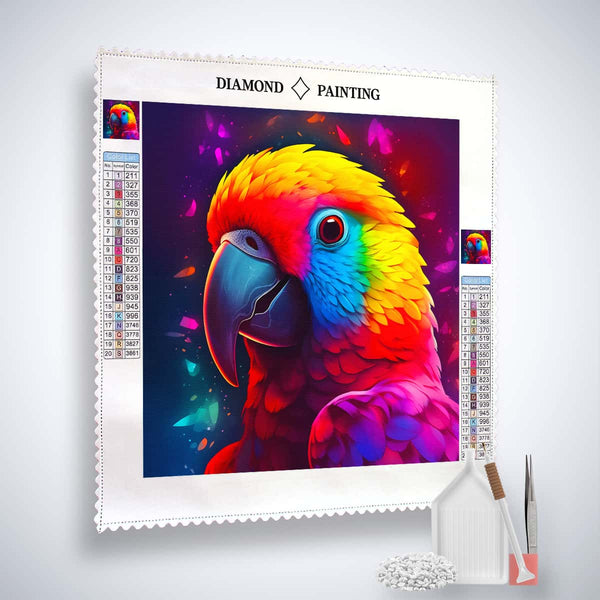 AB Diamond Painting Kit - Colorful Parrot Front View - Sparkling Art with Acrylic Diamonds, Professional Canvas, Tweezers and Setzstift