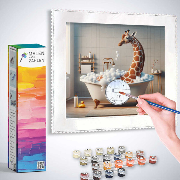 Painting by numbers set with a giraffe in a bubble bath, titled 'Malen nach Zahlen - Seifenblasentraum', including paints and brushes.