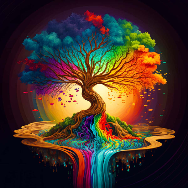 Diamond Painting Kits – Farbfluss Baum – Buntes Kunstwerk mit funkelnden Acryl-Diamanten, großes Regenbogen-Baum-Motiv.