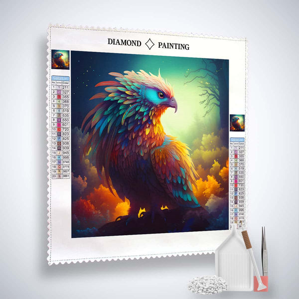 Diamond Painting Kit with sidelong-view of colorful bird, professional canvas, acrylic diamonds, artist tweezers, and setting tools.