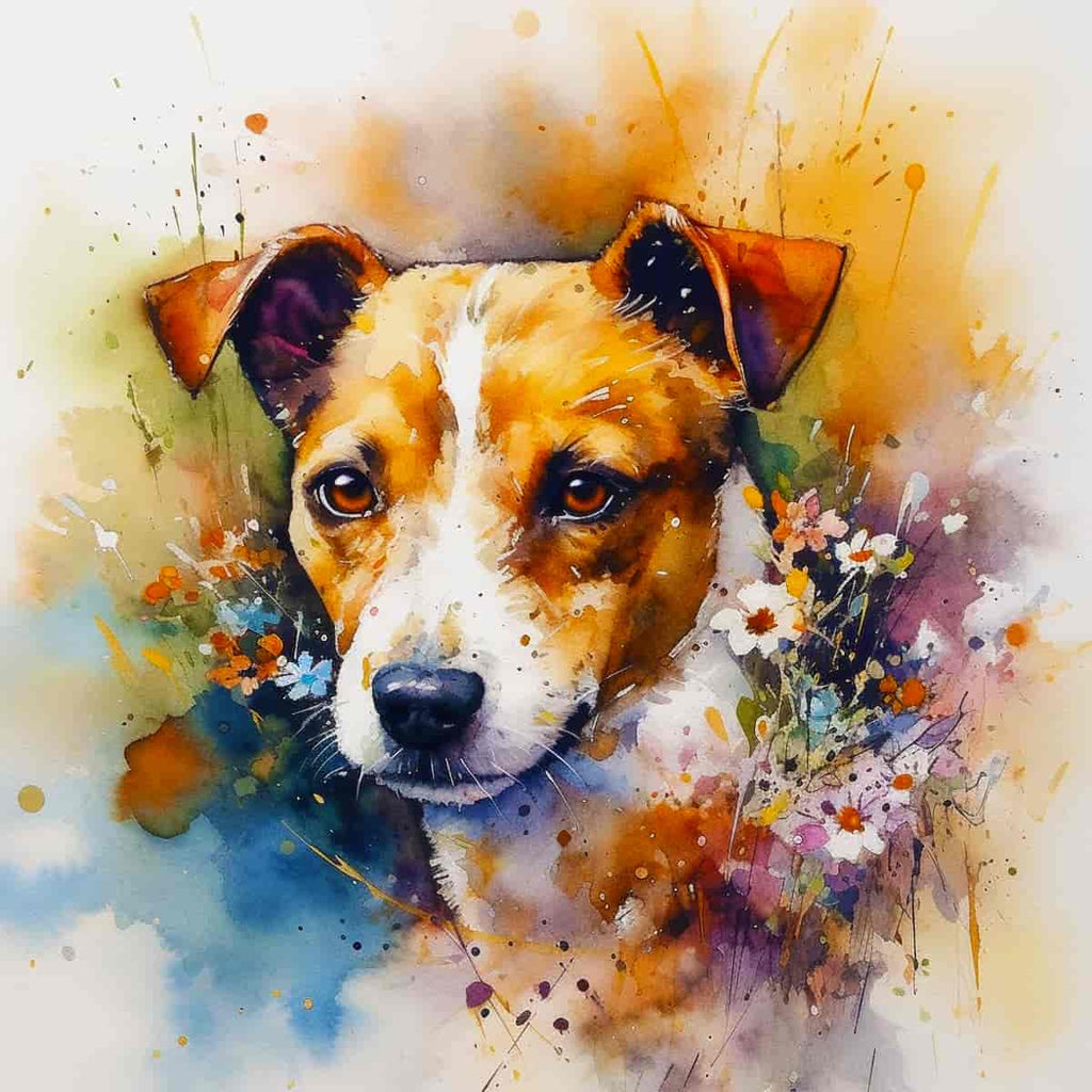 Diamond painting kit featuring a detailed dog portrait with vibrant colors and flowers