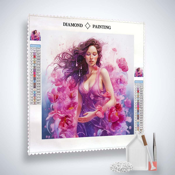 Diamond Painting Kit Rosenfrau with professional canvas, acrylic diamonds, artist tweezers, and setting tools. Stunning artwork of a woman and roses.