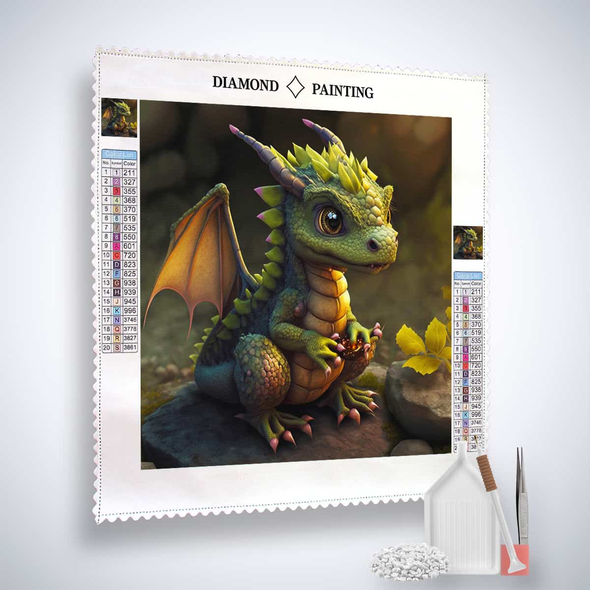 Diamond Painting Kit - Nachtflug featuring a cute dragon holding a flower, including all necessary tools and vibrant acrylic diamonds