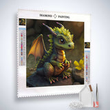 Diamond Painting Kit - Nachtflug featuring a cute dragon holding a flower, including all necessary tools and vibrant acrylic diamonds