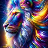 Diamond painting of a lion in vibrant colors, featuring purples, blues, and yellows, capturing a majestic and surrealistic aura.