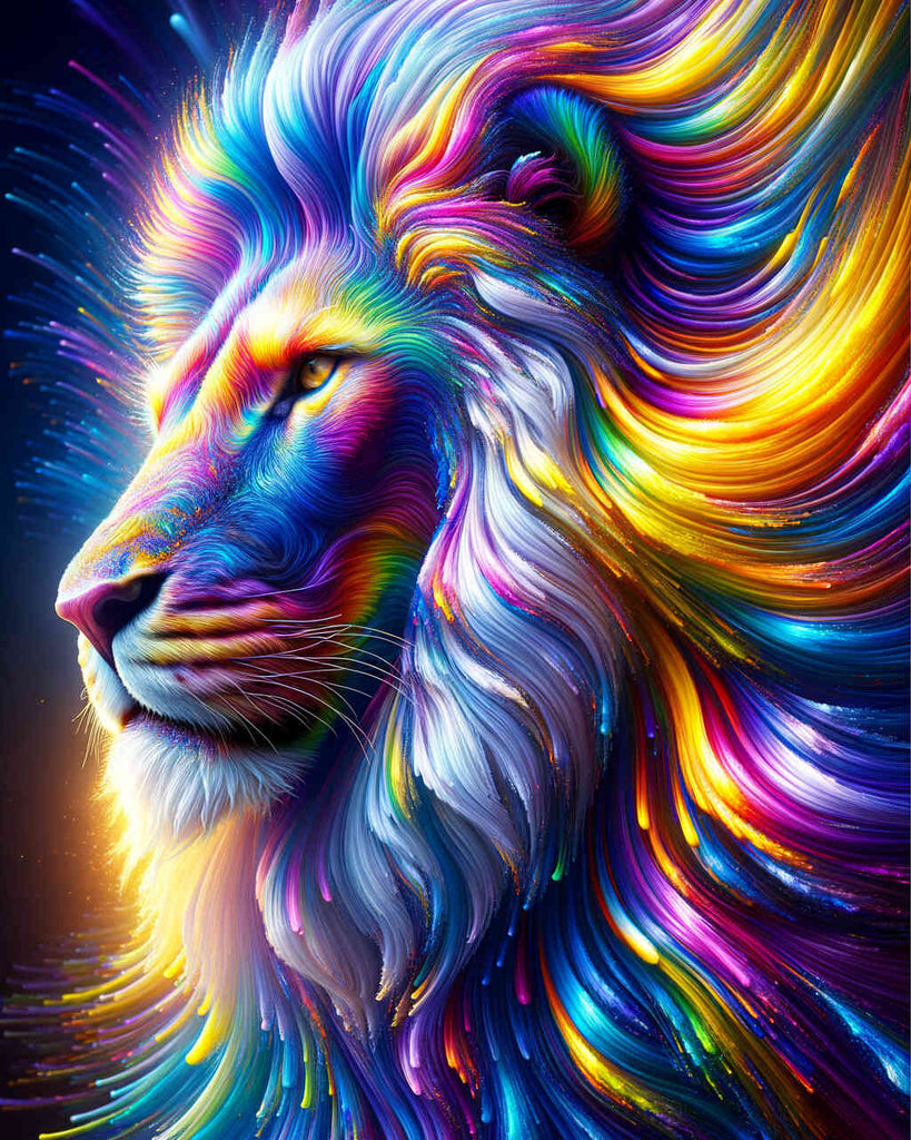 Diamond painting of a lion in vibrant colors, featuring purples, blues, and yellows, capturing a majestic and surrealistic aura.