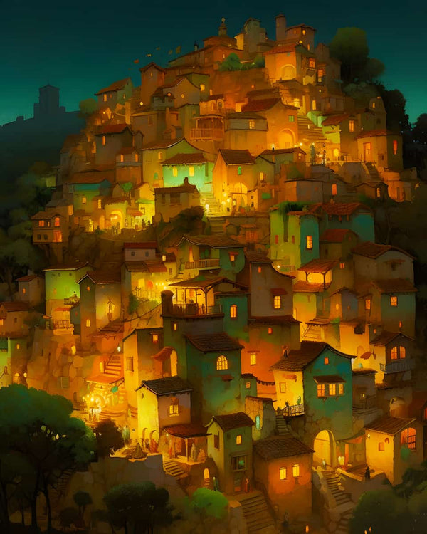 Malen nach Zahlen - Leuchtende Stadt Gemälde einer leuchtenden Stadt bei Nacht, das ein entspannendes und kreatives Malerlebnis bietet.