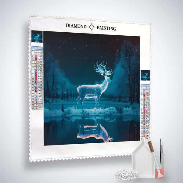 Diamond Painting Kit image showcasing a white deer in a glowing forest, including acrylic diamonds, tweezers, and professional setting tools