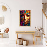 Malen nach Zahlen - Colorful Woman painting on wall in modern living room with wooden furniture and decor.