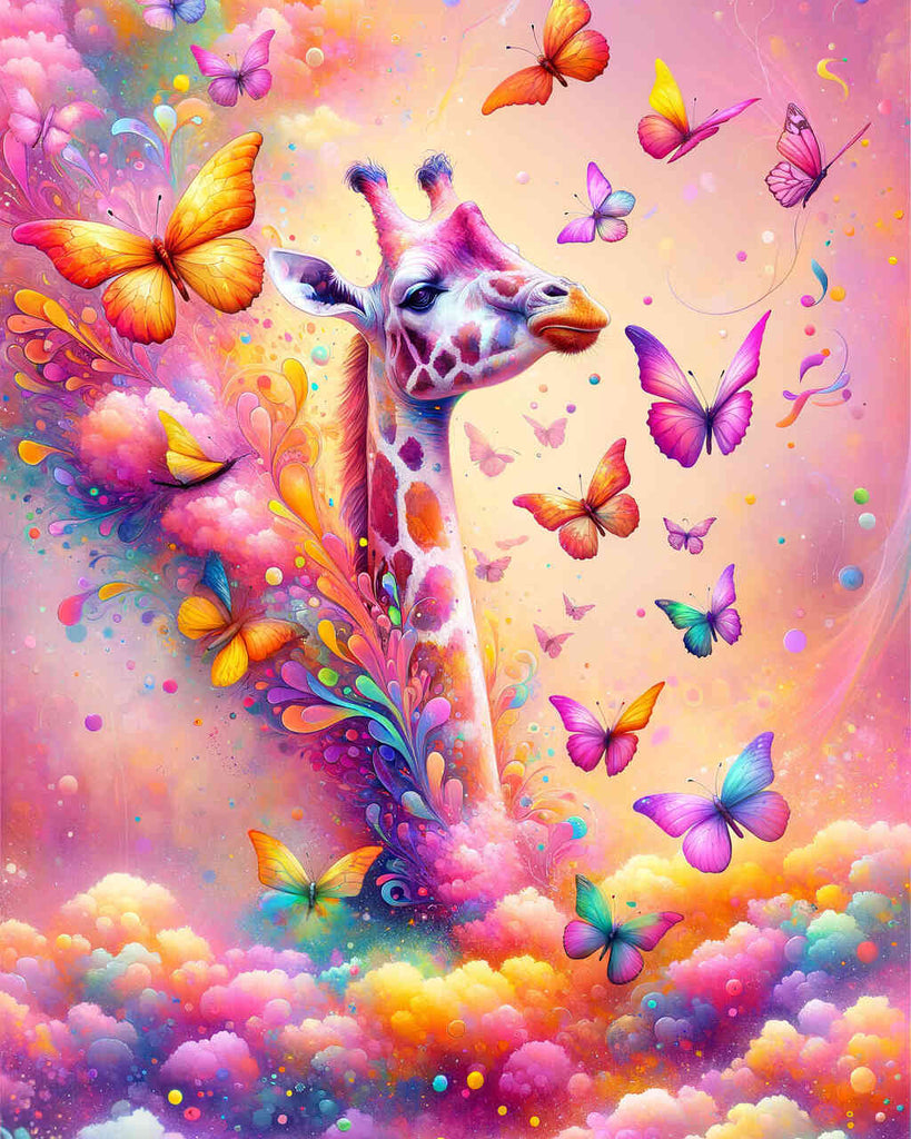 Giraffe mit Schmetterlingen – Malen nach Zahlen