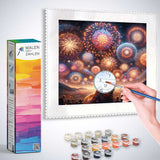 Person using Malen nach Zahlen kit to paint a vibrant fireworks display with included paint colors and brush on a framed canvas