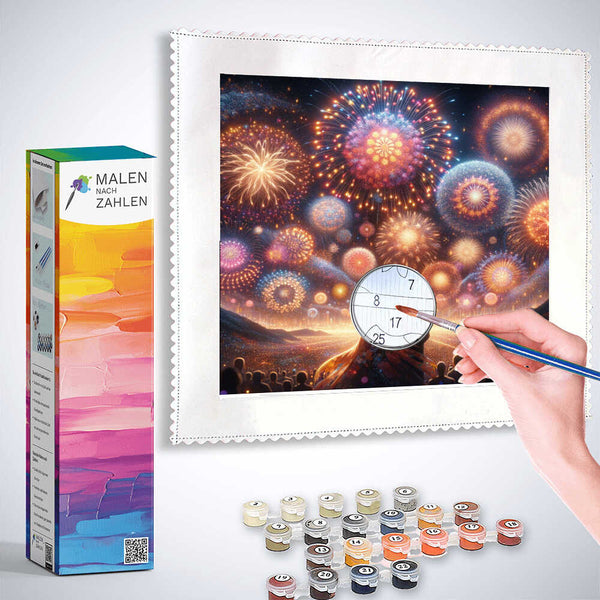 Person using Malen nach Zahlen kit to paint a vibrant fireworks display with included paint colors and brush on a framed canvas
