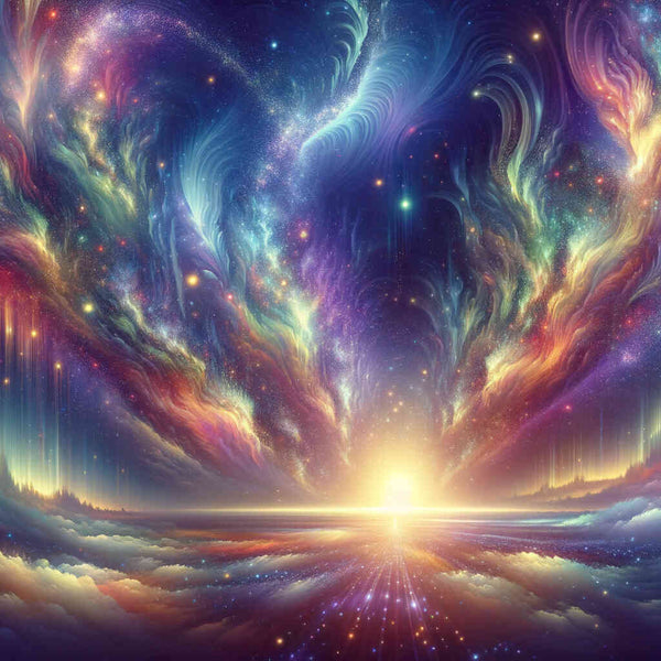 Malen nach Zahlen - Kosmisches Erwachen der Welt, expressives Spektakel aus Rot-, Blau-, und Goldtönen mit Sternen und Galaxienformen im Universum