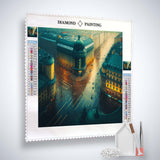 Diamond Painting Kit of Hamburg Cityscape including canvas, acrylic diamonds, fine tweezers, and professional stylus set.