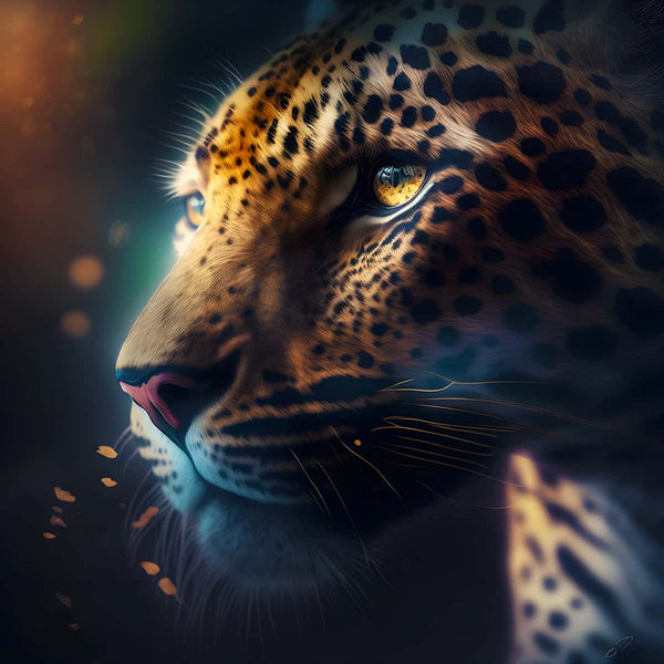 Diamond painting of a leopard's side profile with detailed acrylic diamonds, capturing the majestic beauty and exquisite artistry.