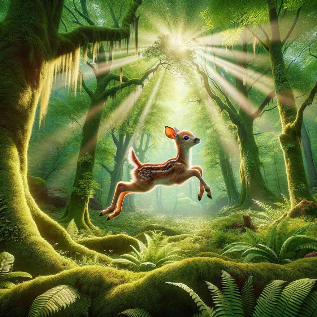 Painting by Numbers - Waldeserwachen featuring a fawn leaping in a sunlit enchanted forest, promoting a relaxing painting experience.