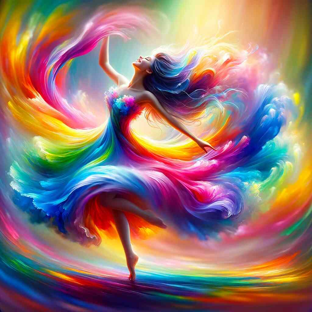 "Vibrant painting of a woman dancing in a colorful swirl of light - Malen nach Zahlen - Tanz des Lebens"