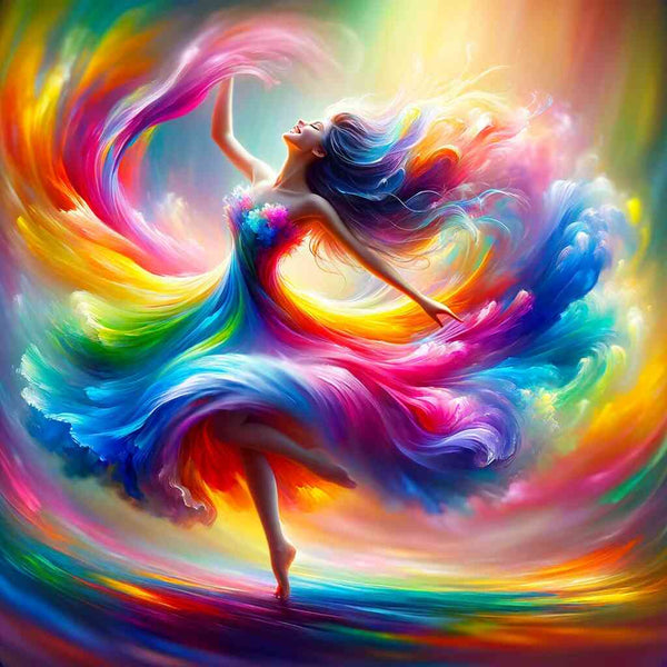 "Vibrant painting of a woman dancing in a colorful swirl of light - Malen nach Zahlen - Tanz des Lebens"
