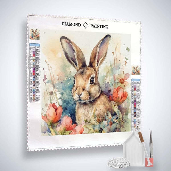 Diamond painting kit with playful rabbit design, including canvas, acrylic diamonds, tweezers, and setting tools.