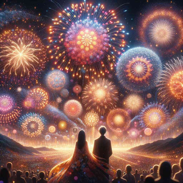 A couple watches a breathtaking fireworks display, with vibrant bursts of colors lighting up the night sky.