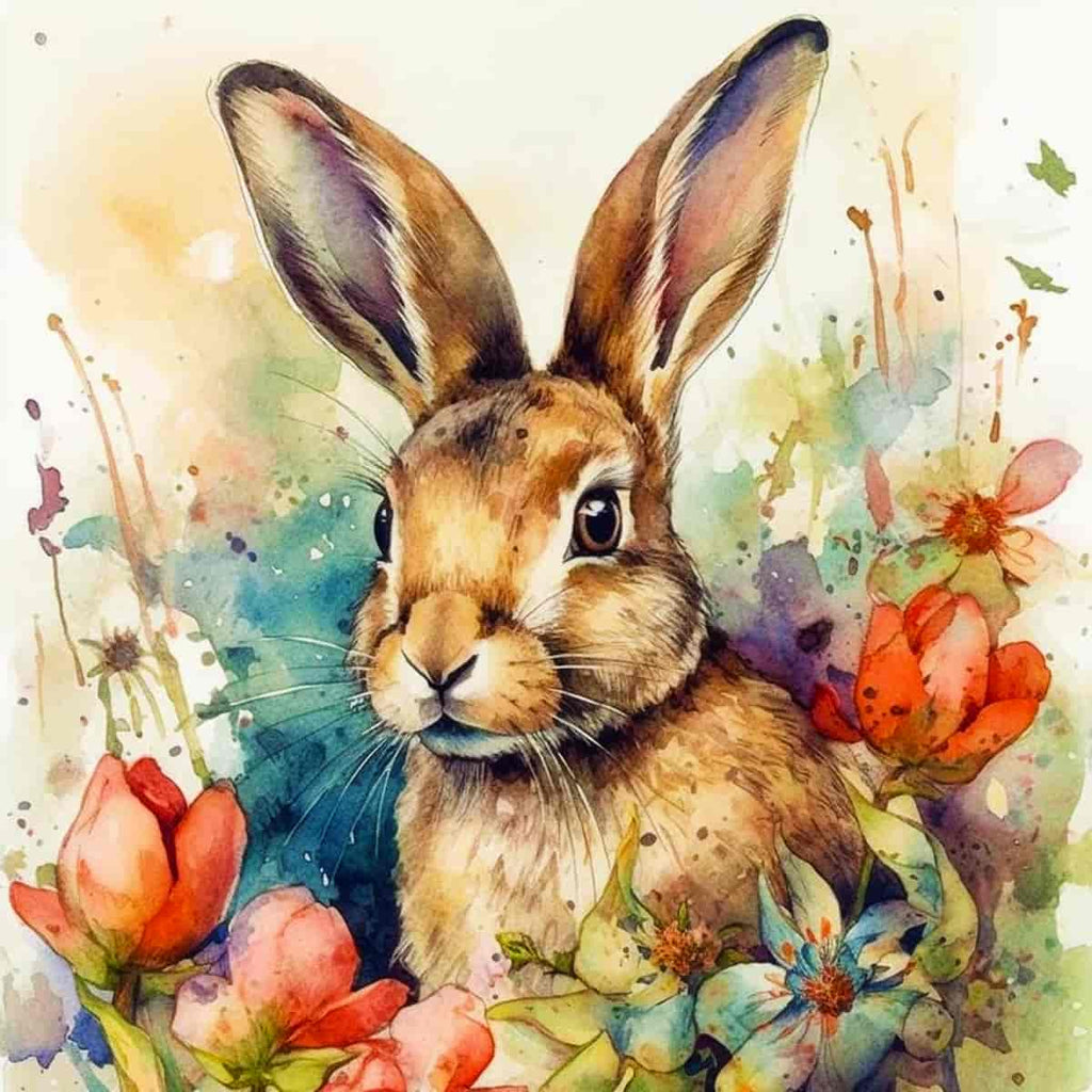 Diamond painting kit featuring playful rabbit with flowers, includes professional canvas, acrylic diamonds, artist tweezers, and setting pen.