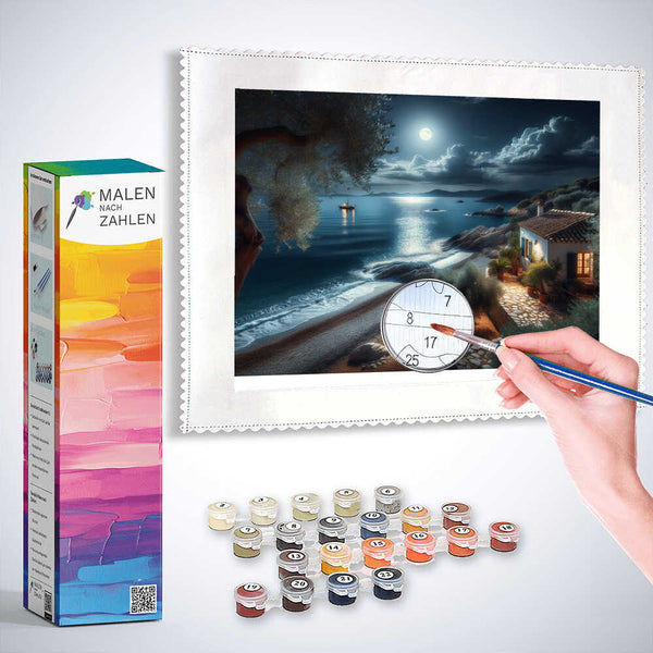 Malen nach Zahlen kit with box, paints, and brush painting Good Night at the Ocean scene